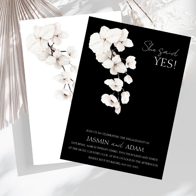 Modern Black and White Orchid Engagement Invitation (Modern Black and White Orchids Flowers 'She Said Yes!' Engagement Party Invite)