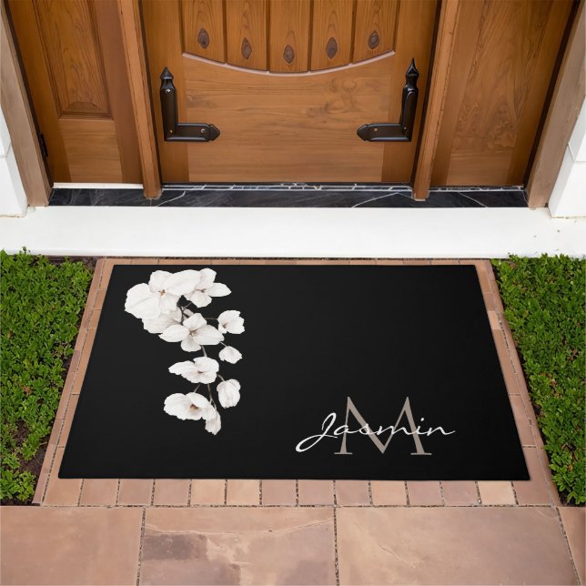 Modern Black and White Orchid Monogram Doormat (Outdoor)