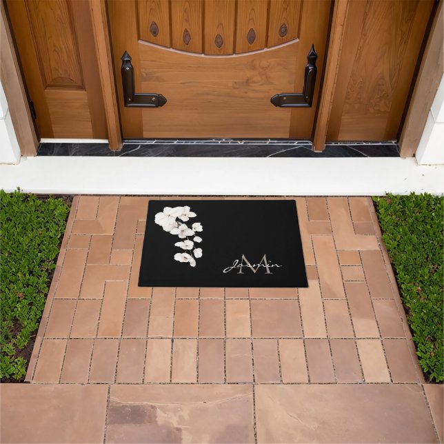 Modern Black and White Orchids Floral Monogram Doormat (Outdoor)