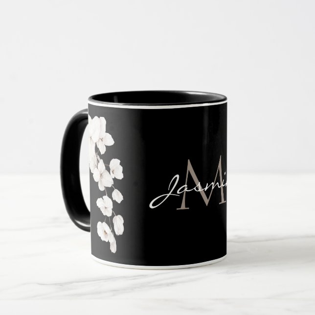 Modern Black and White Orchids Floral Monogram Mug (Front Left)