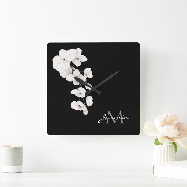 Modern Black and White Orchids Floral Monogram Square Wall Clock (Home)