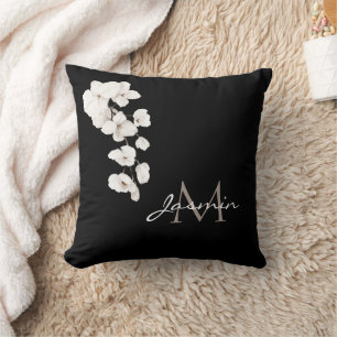 Modern Black and White Orchids Floral Monogram Throw Pillow