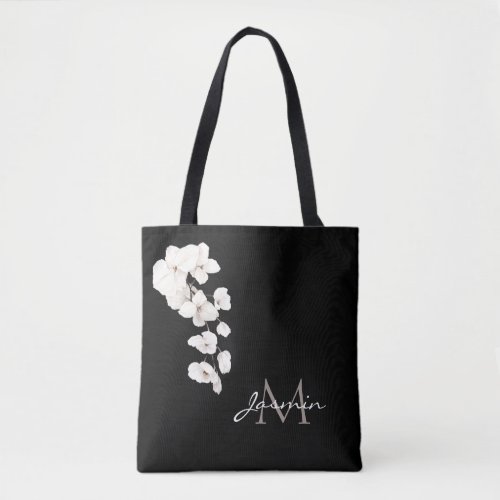Modern Black and White Orchids Floral Monogram Tote Bag