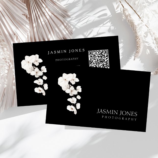 Modern Black and White Orchids QR Code Floral Business Card (Modern Black and White QR Code Orchids Flowers Business Card)