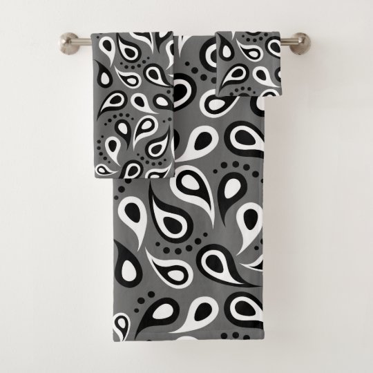 Modern Black and White Paisley On Gray Bath Towel Set