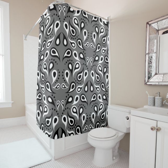 Modern Black and White Paisley On Gray Shower Curtain (In Situ)