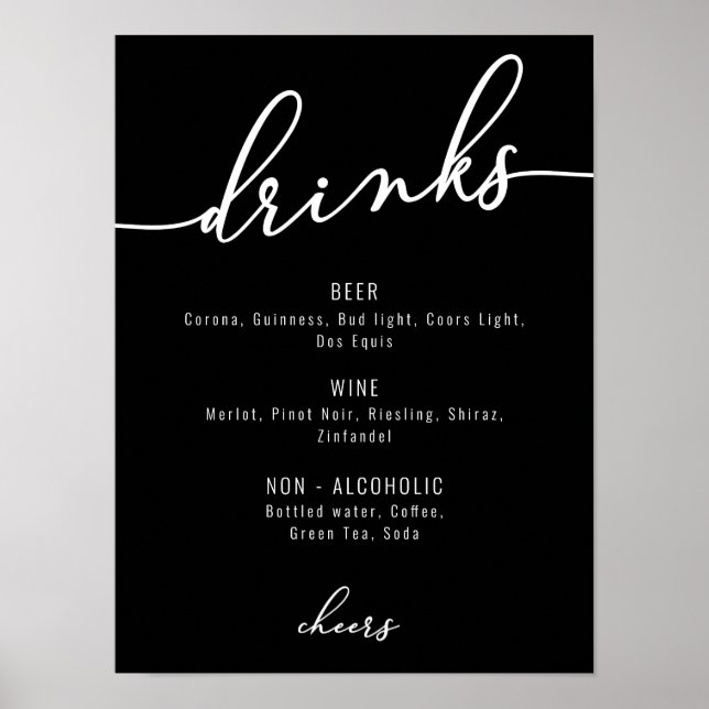 Modern Black and White Party Drink Menu Poster (Front)