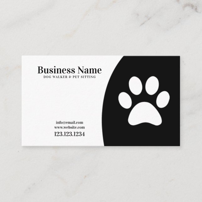 Modern Black and White Paw Print Dog Walking Business Card (Front)