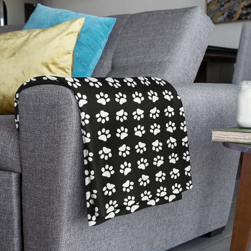 Modern Black and White Paw Print Pattern Fleece Blanket