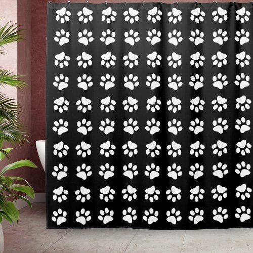 Modern Black and White Paw Print Pattern Shower Curtain