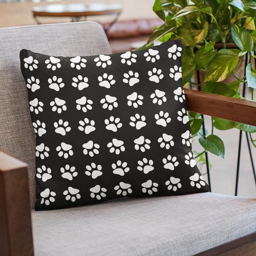 Modern Black and White Paw Print Pattern Throw Pillow