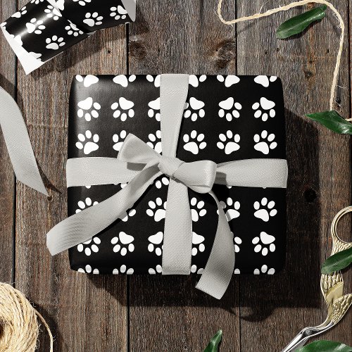 Modern Black and White Paw Print Pattern Wrapping Paper