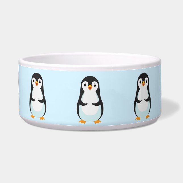 Modern Black and White Penguin on Light Blue Bowl (Front)