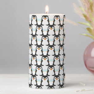 Modern Black and White Penguin Pattern Pillar Candle