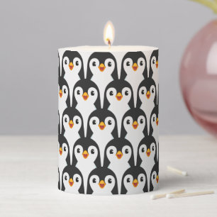 Modern Black and White Penguin Pattern Pillar Candle