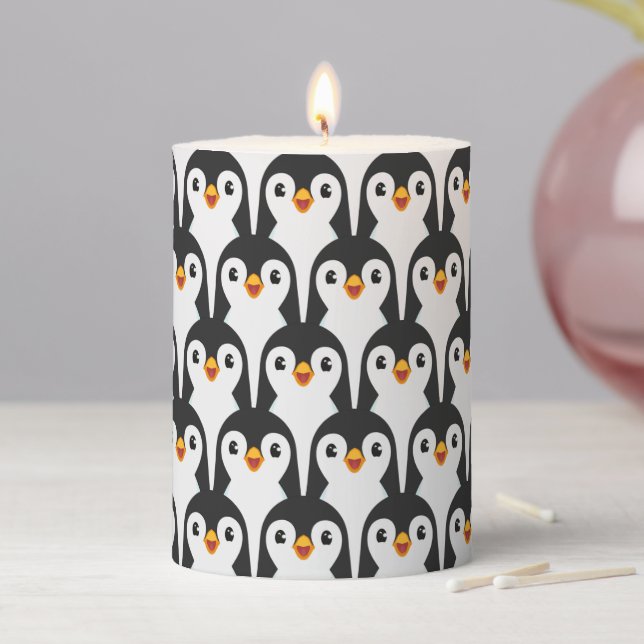 Modern Black and White Penguin Pattern Pillar Candle (In Situ)
