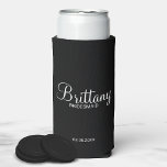 Modern Black and White Personalized Bridesmaids Seltzer Can Cooler<br><div class="desc">Modern Black and White Personalized Bridesmaids Gifts
featuring personalized bridesmaid's name in white elegant script font style with title in modern sans serif font style on black background.

Also perfect for groomsmen,  best man,  father of the bride,  maid of honor,  flower girl,  mother of the bride and more.</div>
