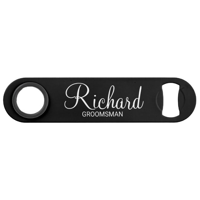Modern Black and White Personalized Groomsman Bar Key (Front (Horizontal))