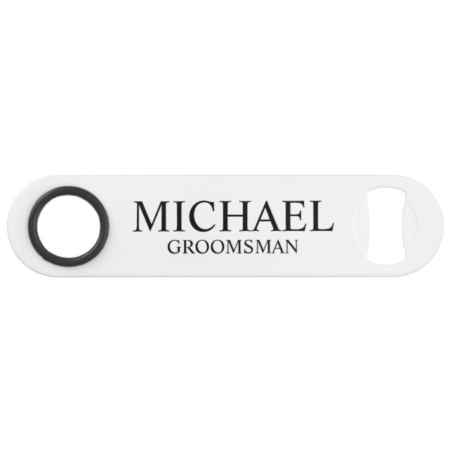 Modern Black and White Personalized Groomsman Bar Key (Front (Horizontal))
