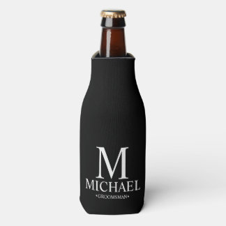 Modern Black and White Personalized Groomsman Bottle Cooler