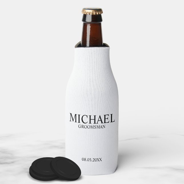 Modern Black and White Personalized Groomsman Bottle Cooler (Creator Uploaded)