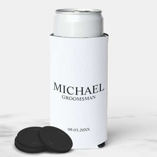 Modern Black and White Personalized Groomsman Can  Seltzer Can Cooler