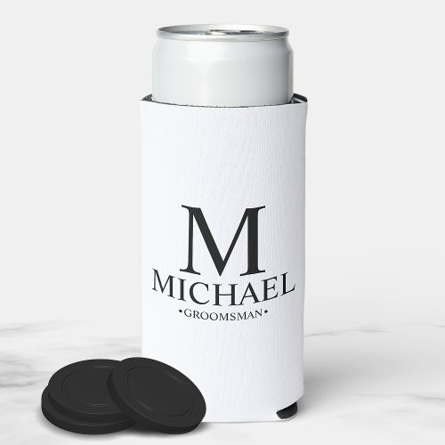 Modern Black and White Personalized Groomsman Can  Seltzer Can Cooler