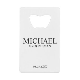 Modern Black and White Personalized Groomsman Credit Card Bottle Opener