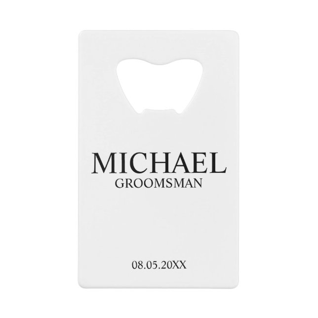 Modern Black and White Personalized Groomsman Credit Card Bottle Opener (Front)