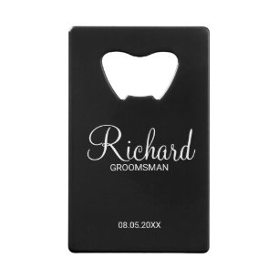 Modern Black and White Personalized Groomsman Credit Card Bottle Opener