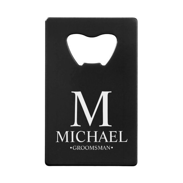 Modern Black and White Personalized Groomsman Credit Card Bottle Opener (Front)