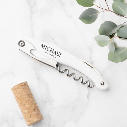 Modern Black and White Personalized Groomsman Wait Waiters Corkscrew