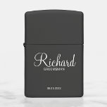 Modern Black and White Personalized Groomsman Zippo Lighter<br><div class="desc">Modern Black and White Personalized Groomsman Gifts
featuring personalized groomsman's name in white modern script font style with title and wedding date in modern sans serif font style on black background.

Also perfect for best man,  father of the bride,  bridesmaid,  maid of honor,  mother of the bride and more.</div>