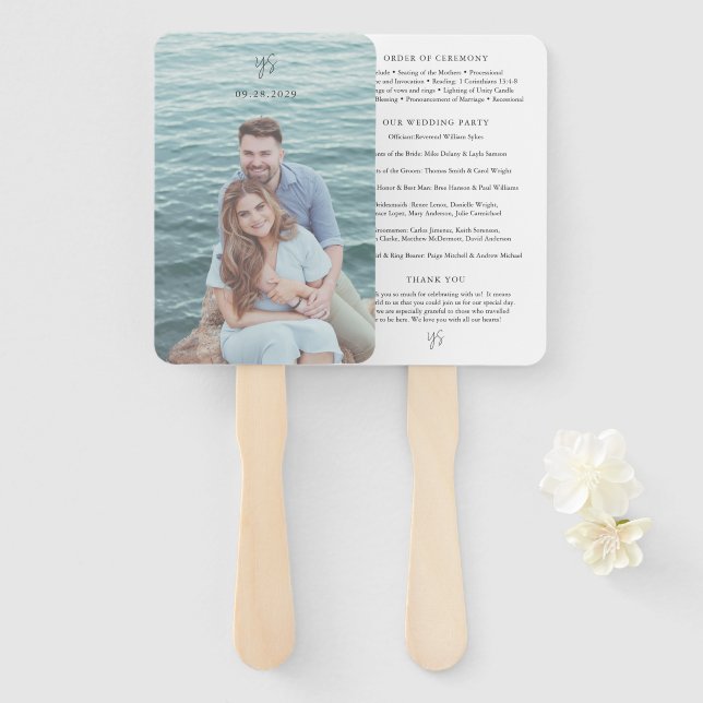 Modern Black and White Photo Chic Wedding Program Hand Fan (Front and Back)