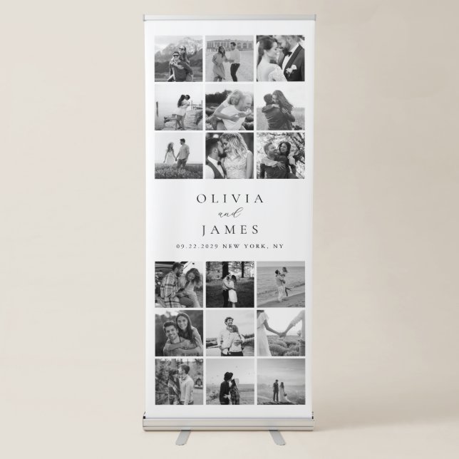 Modern Black and White Photo Collage Wedding Retractable Banner (Front)