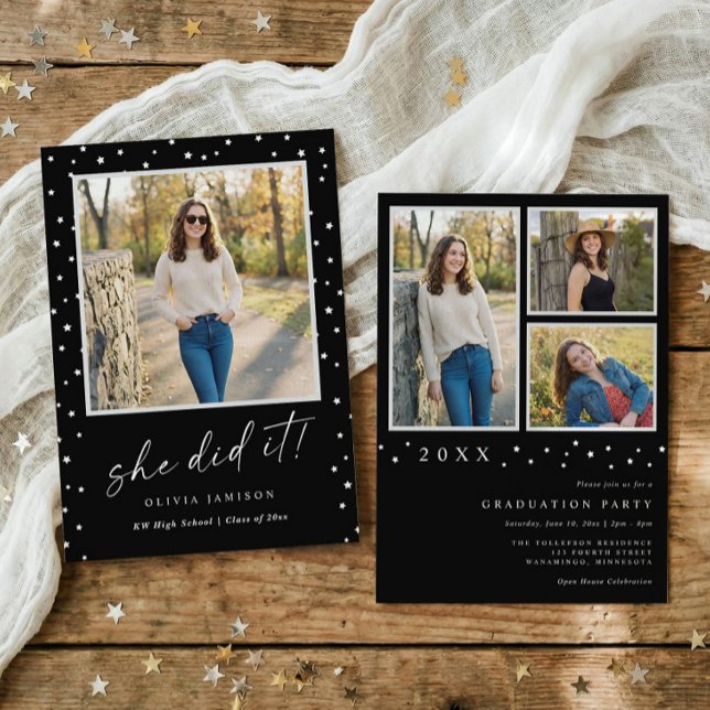 Modern Black and White Photo Graduation Invitation (Modern graduation invitation with photos, handwriting script and minimalist stars)
