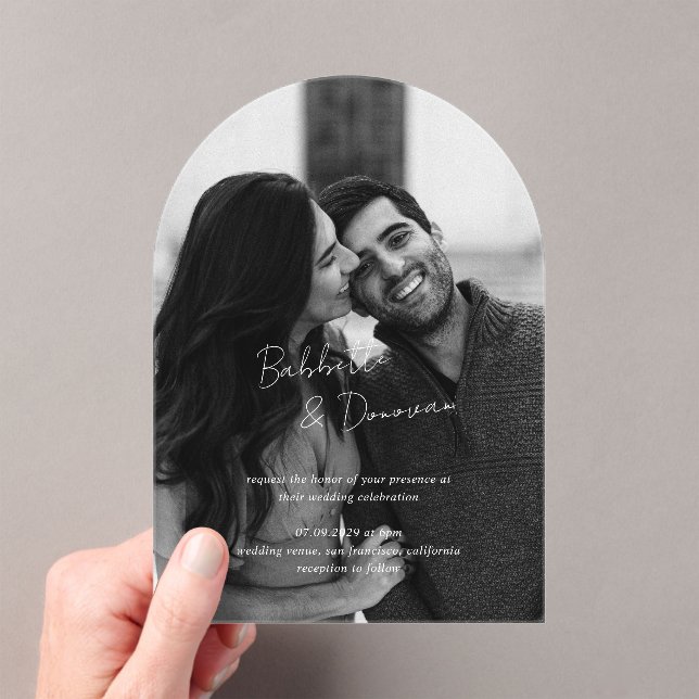 Modern Black and White Photo Minimalist Wedding Acrylic Invitations (Insitu (Handheld))