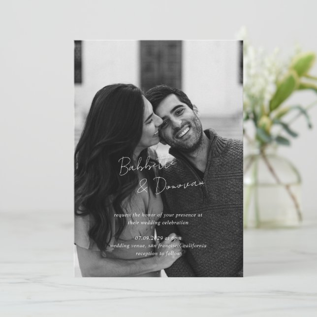 Modern Black and White Photo Minimalist Wedding Invitation (Standing Front)