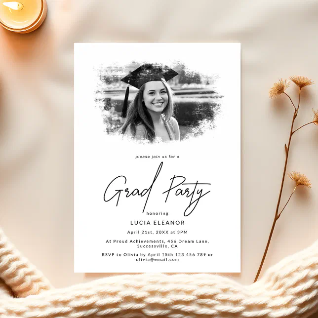 Modern Black and White Photo Overlay Grad Party Invitation | Zazzle