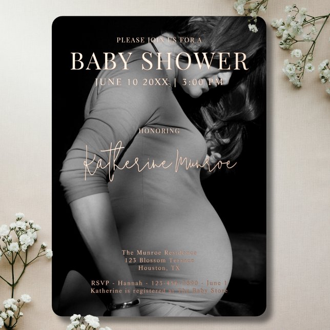 Modern Black and White Photo Script Baby Shower Foil Invitation (Creator Uploaded)