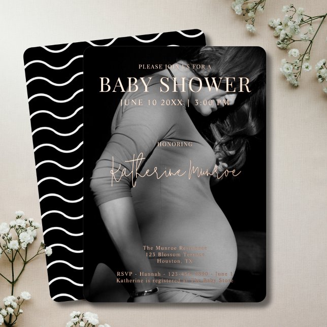 Modern Black and White Photo Script Baby Shower Foil Invitation (Creator Uploaded)