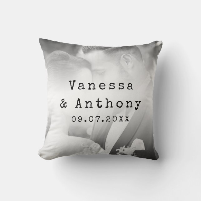 Modern Black and White Photo Wedding Anniversary Throw Pillow (Front)