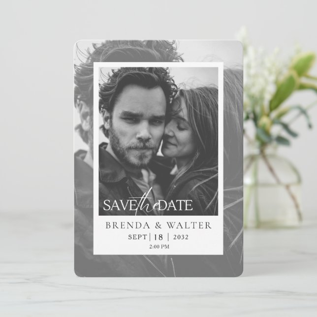 Modern Black and White Photo Wedding Invitation (Standing Front)