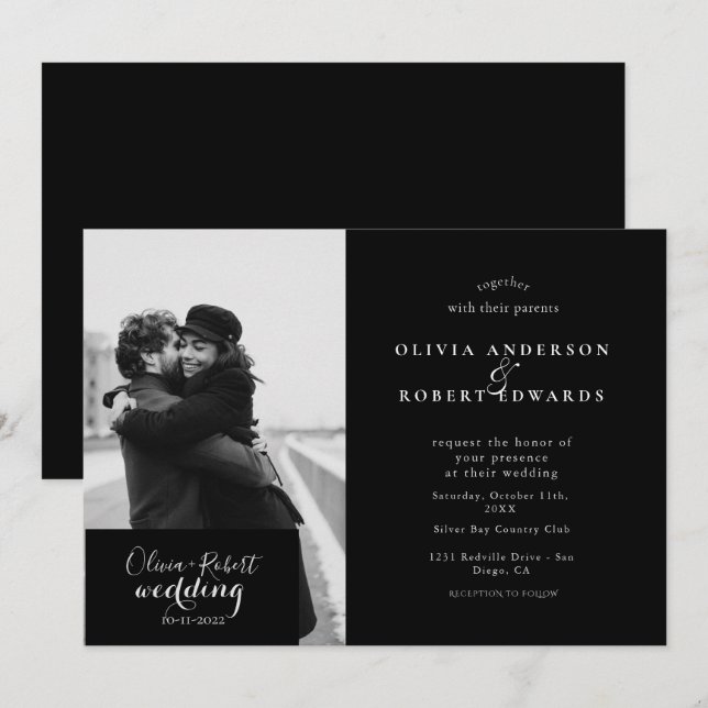 modern Black and white photo wedding Invitation (Front/Back)