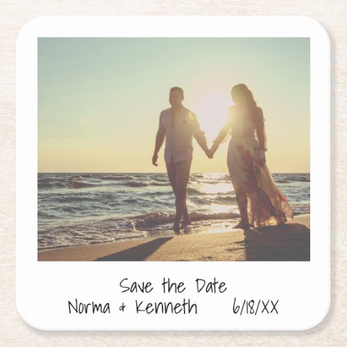 Modern Black and White Photo Wedding Save the Date Square Paper Coaster