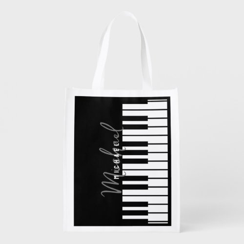 Modern Black and White Piano Keyboard Monogram Grocery Bag