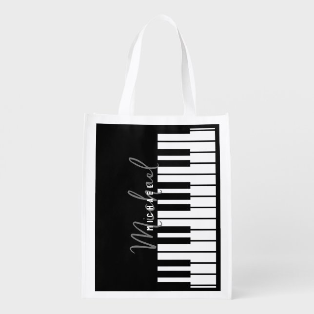 Modern Black and White Piano Keyboard Monogram Grocery Bag (Back)