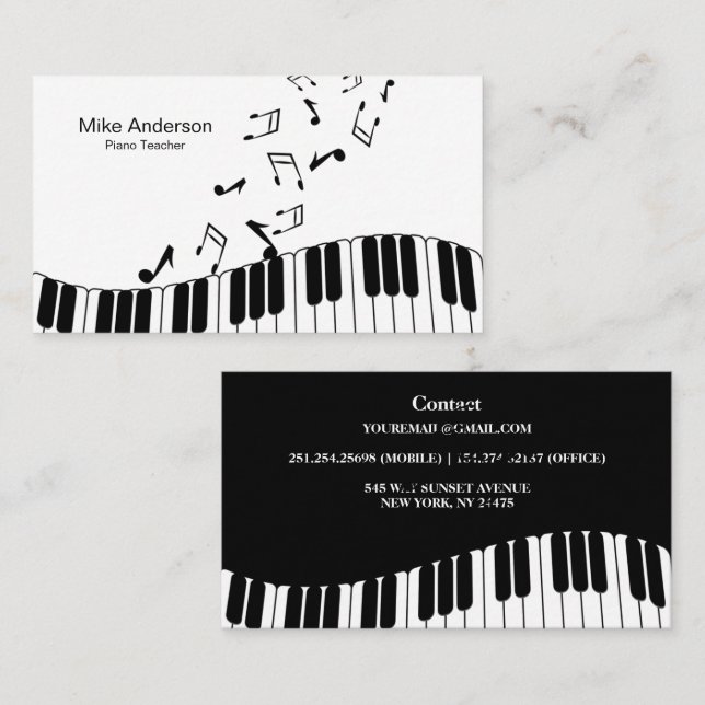 Modern Black and White Piano Teacher Business Card (Front/Back)