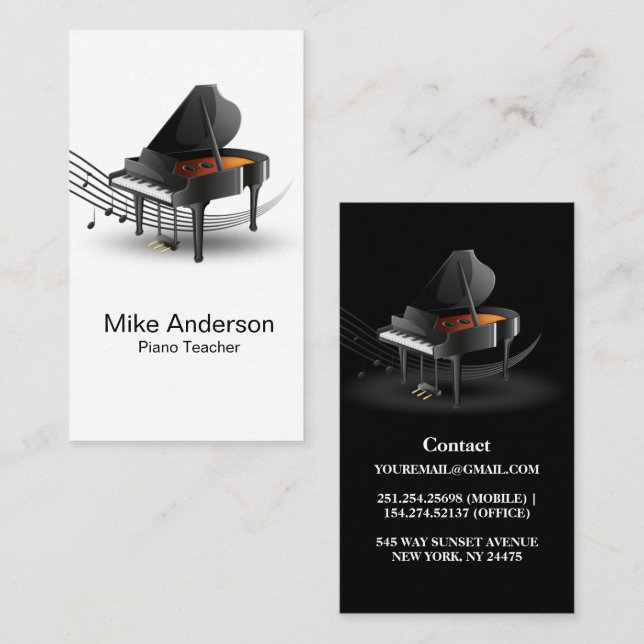 Modern Black and White Piano Teacher Business Card (Front/Back)