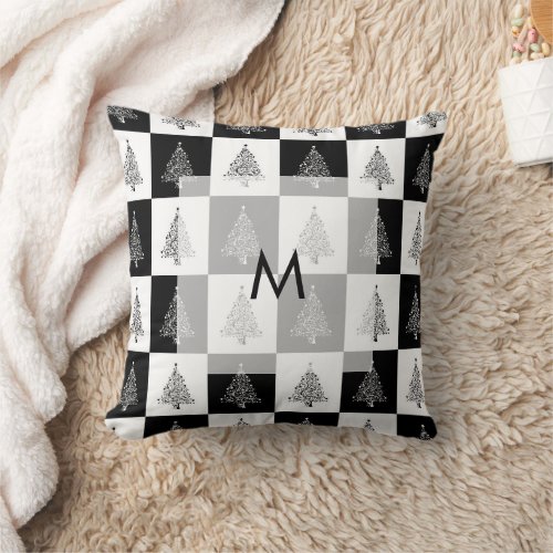 Modern black and white pine trees monogram throw pillow
